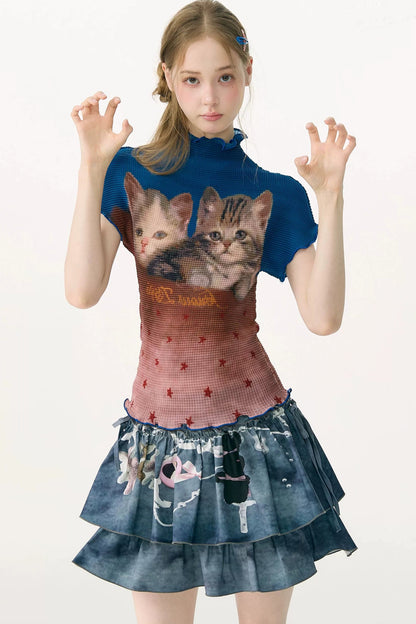 Color-Blocked Cat Print Pleated T-Shirt