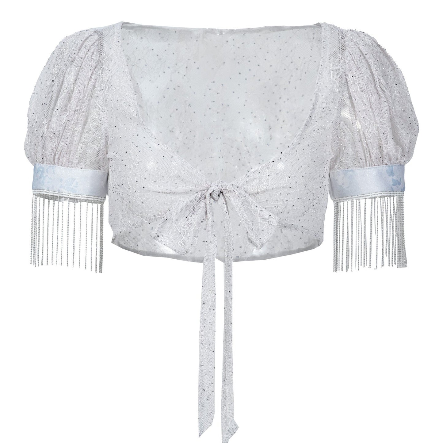 Y2K Lace Mesh Puff Sleeve Tie Cardigan Set-Up