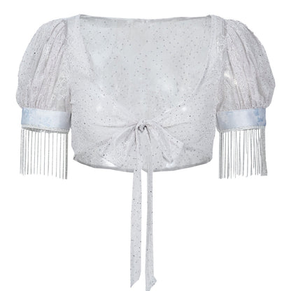 Y2K Lace Mesh Puff Sleeve Tie Cardigan Set-Up