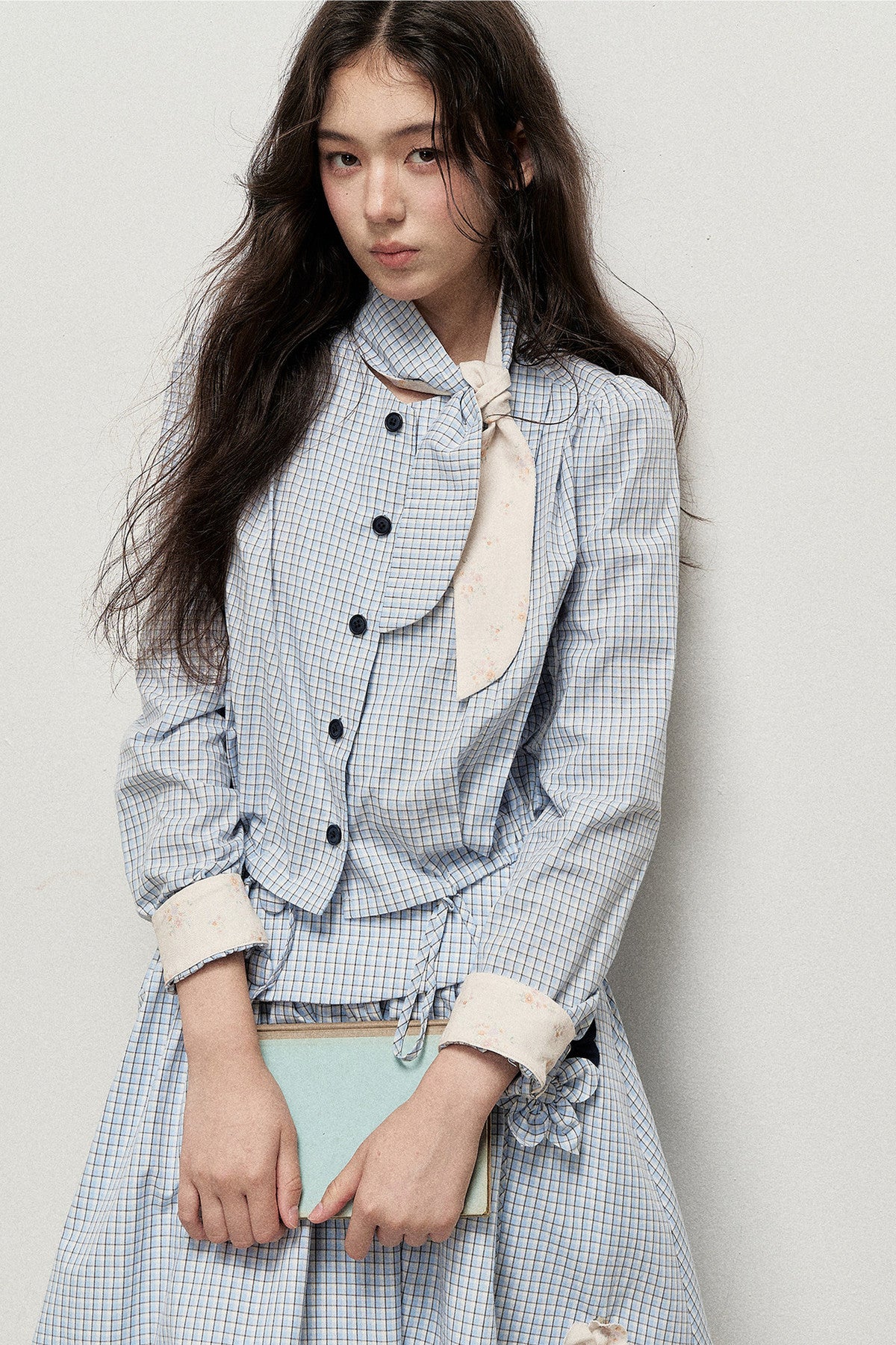 Plaid Contrast Ribbon Shirt and Skirt Set-Up