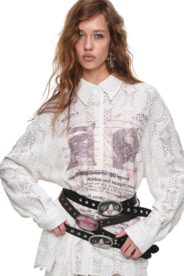 Cat Wanted Print Hollow Lace Shirt