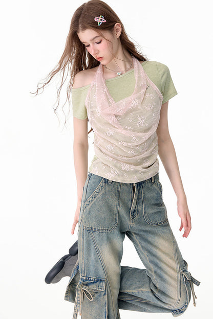 Neckholder-Weste aus floraler Spitze mit schulterfreiem T-Shirt