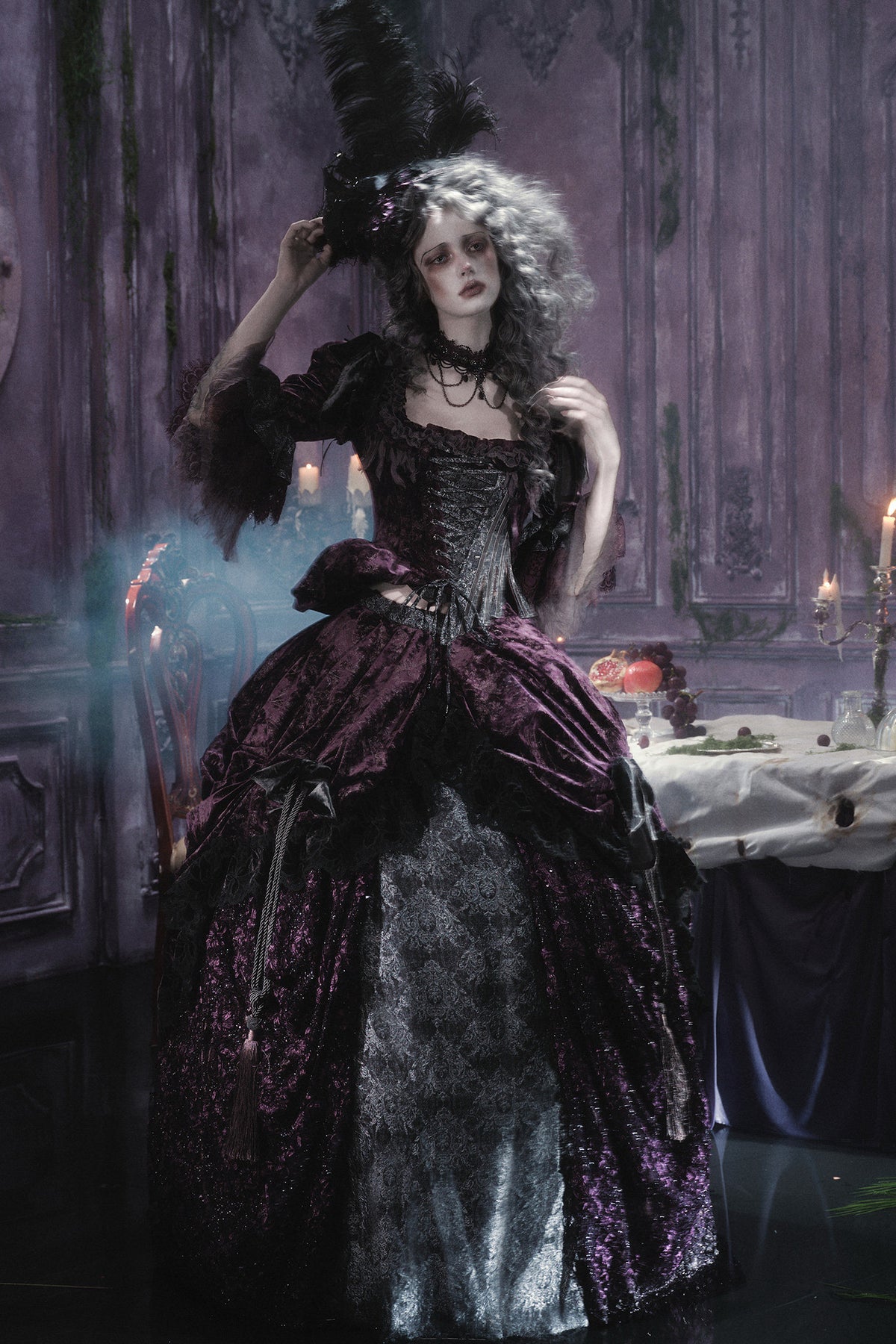 Gothic Dark Purple Bustle Skirt Set-Up
