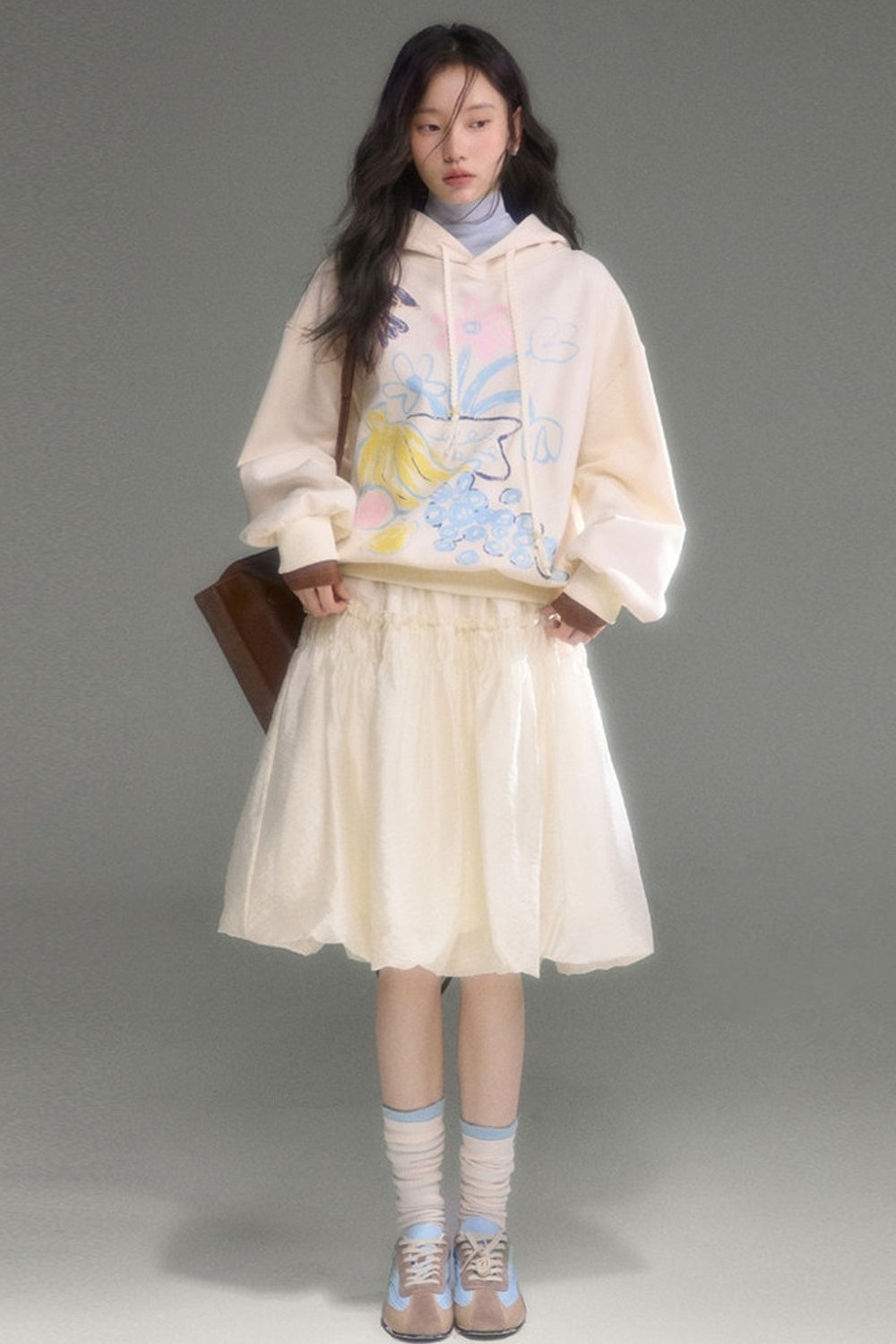 Ear Detail Bird Fruit Print Sweatshirt and Skirt Set-Up