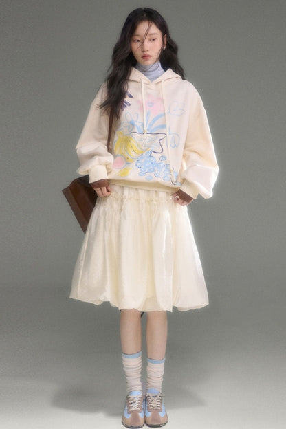 Ear Detail Bird Fruit Print Sweatshirt and Skirt Set-Up