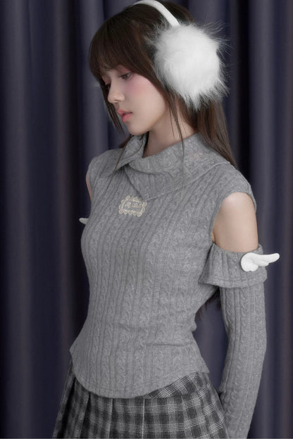Winged Fold-Over Collar Knit Top