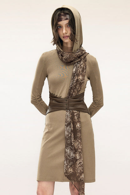Layered Leather Scarf Hooded Dress