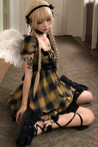 Yellow Plaid Puff Sleeve Dress Set-Up