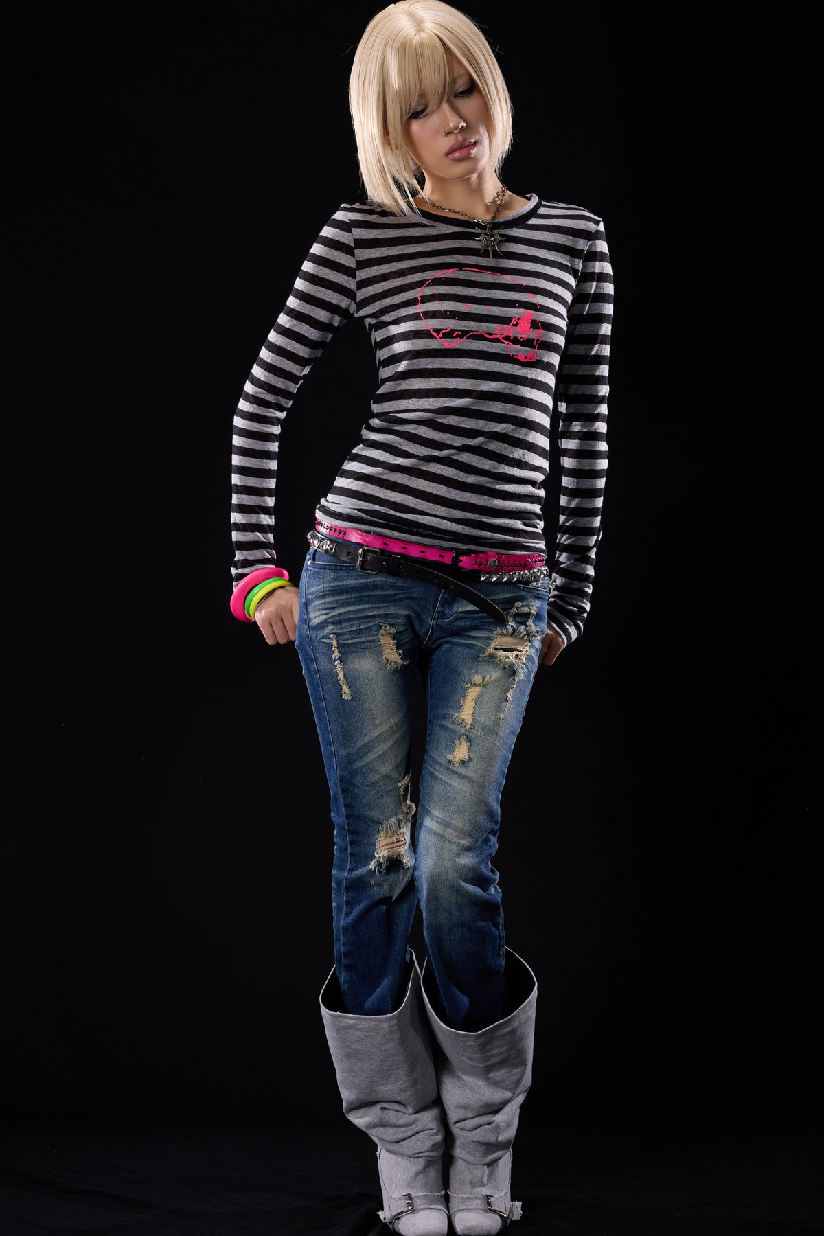 Distressed Cross-Studded Flared Jeans