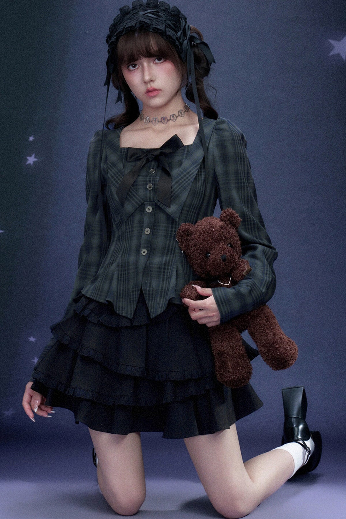 Blue Black Plaid Square Neck Shirt