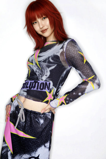 Y2K Graphic Long Sleeve Mesh Top