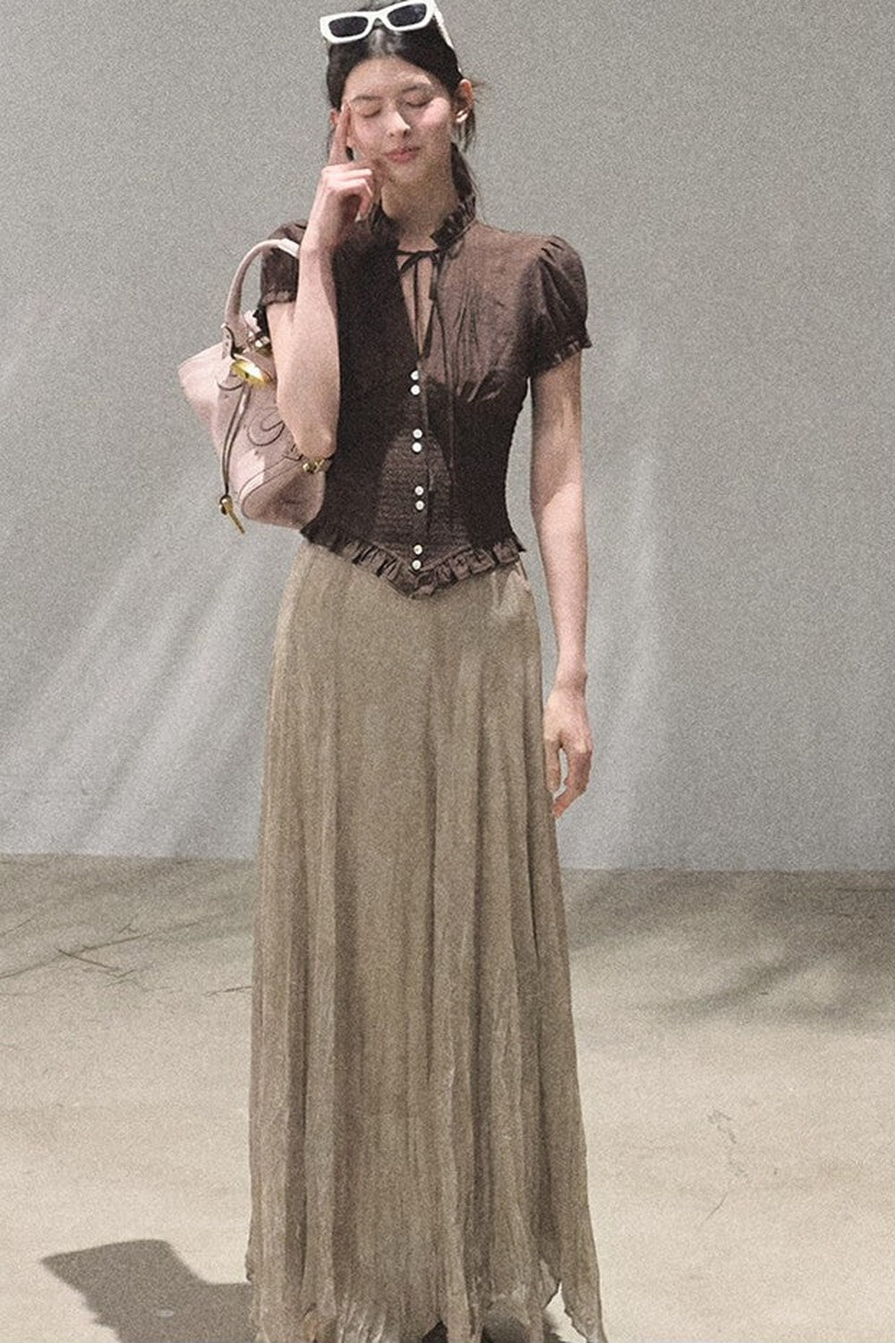 Retro Textured V-Neck Blouse