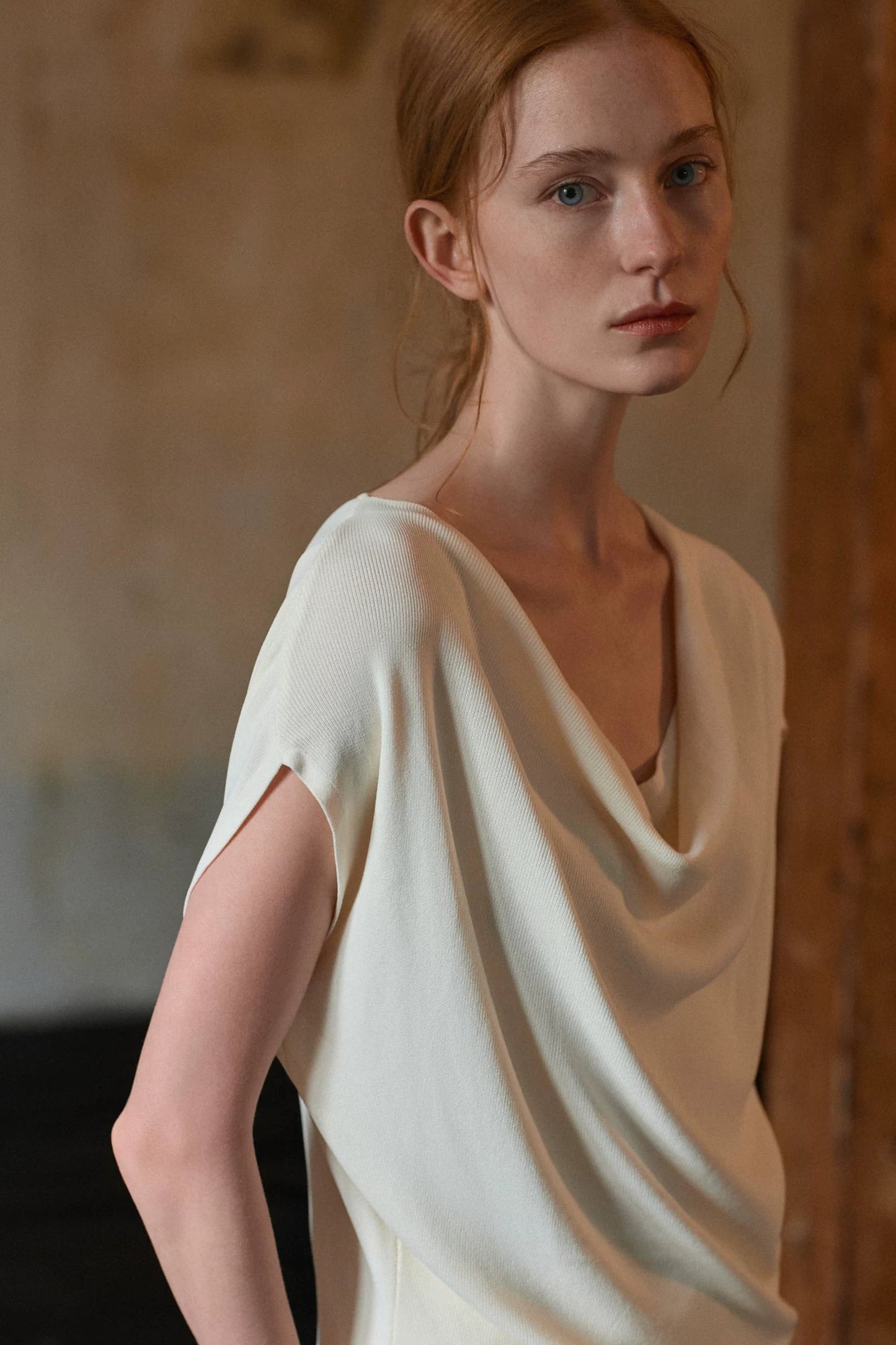 Off-White Silk Boat Neck Top