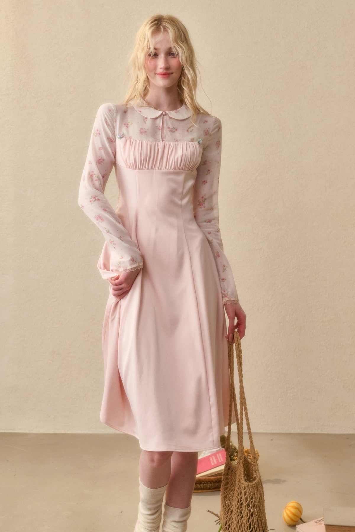Peach Floral Satin Tencel Dress Set-Up