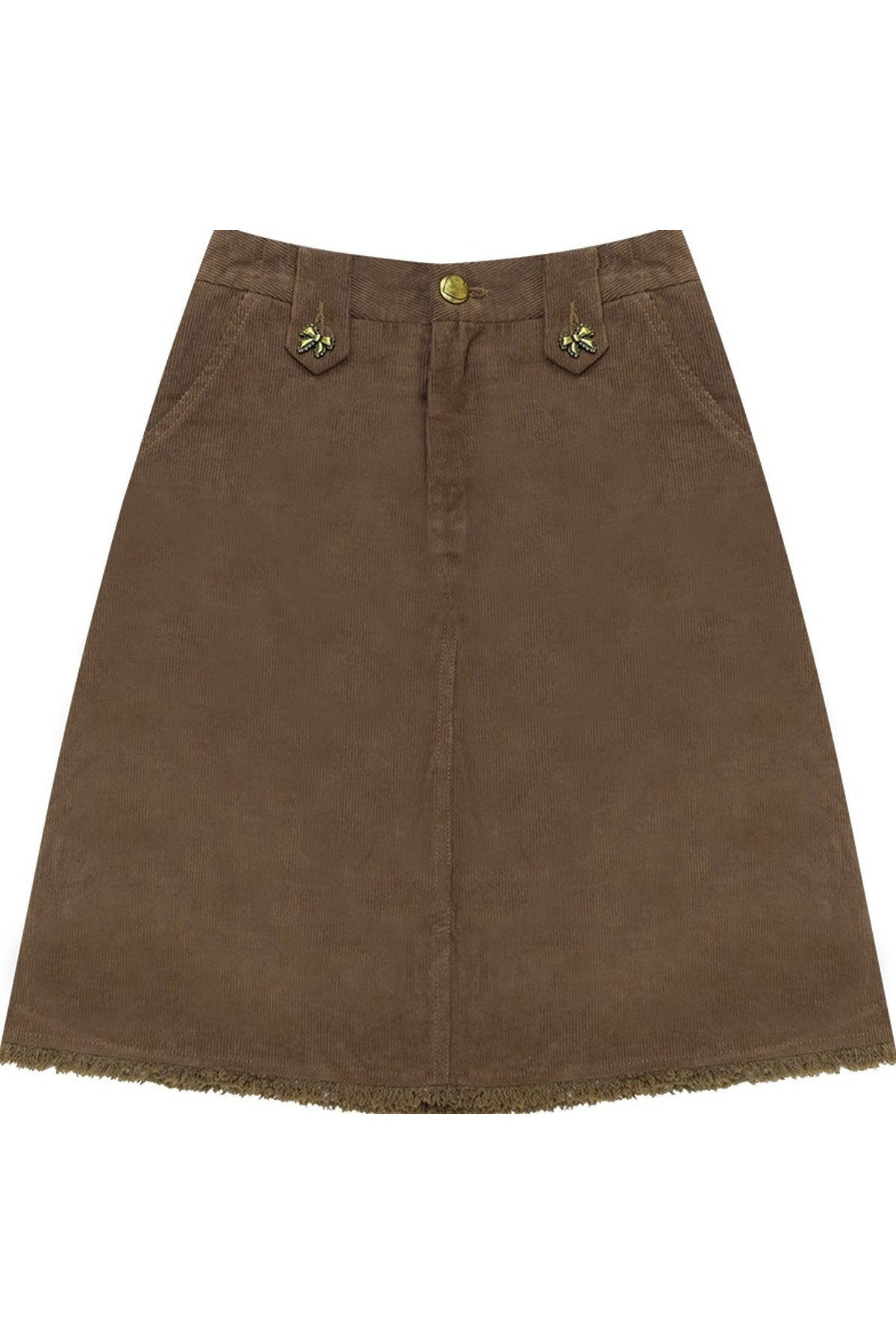 Brown Frayed Corduroy Mid-Length Skirt
