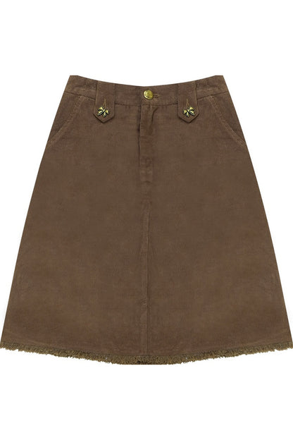 Brown Frayed Corduroy Mid-Length Skirt