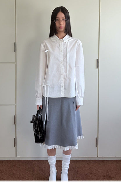 Pleated White Bow Doll Collar Shirt