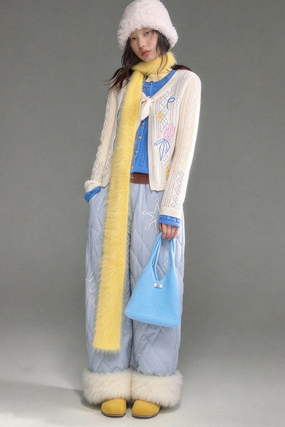 Star Embroidery Quilted Wide-Leg Pants