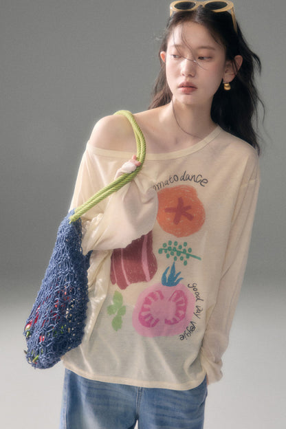 Long-Sleeve Fruit Vegetable Dog Print T-Shirt Set-Up