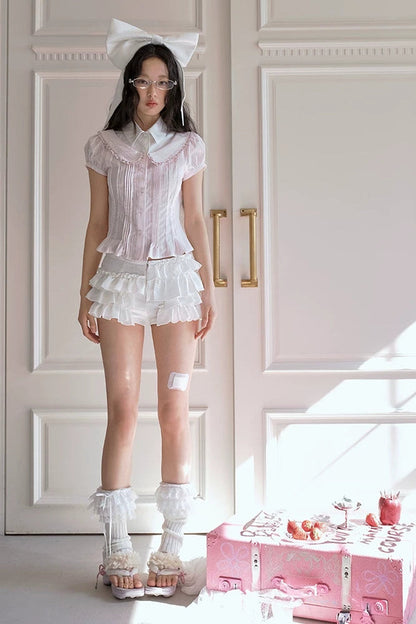 Chemise rose plissée à col Claudine