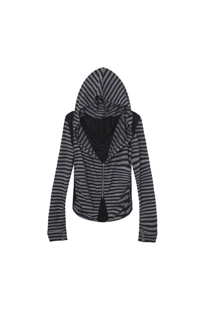 Zipper Long-Sleeved Striped Hoodie