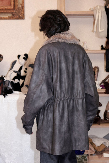 Fleece-Lined Detachable Fur Collar Leather Jacket