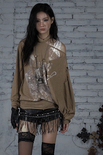 Ripped Off-Shoulder Punk Print Knit Top