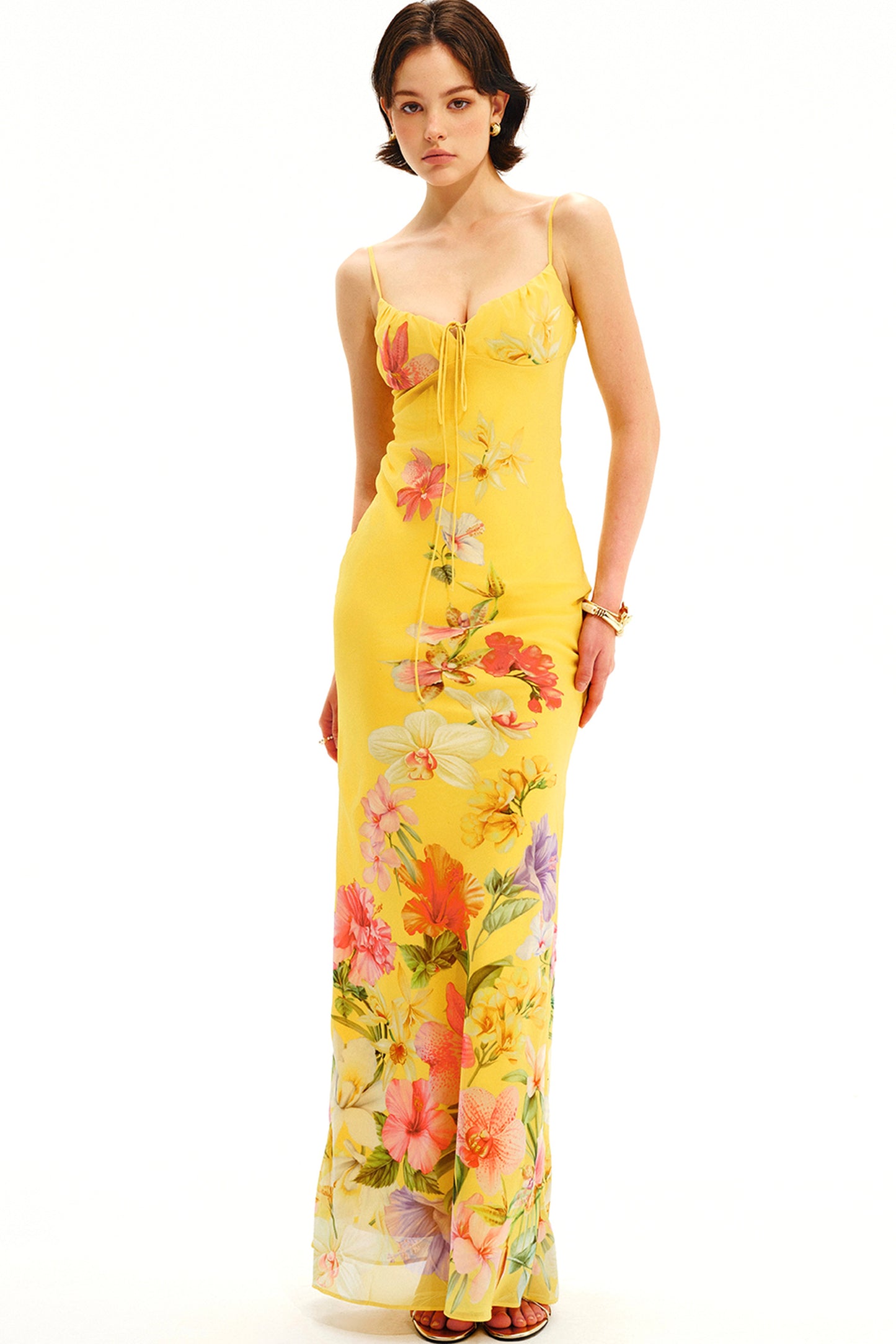 Tropisches handbemaltes Slipkleid mit Blumenmuster und V-Ausschnitt