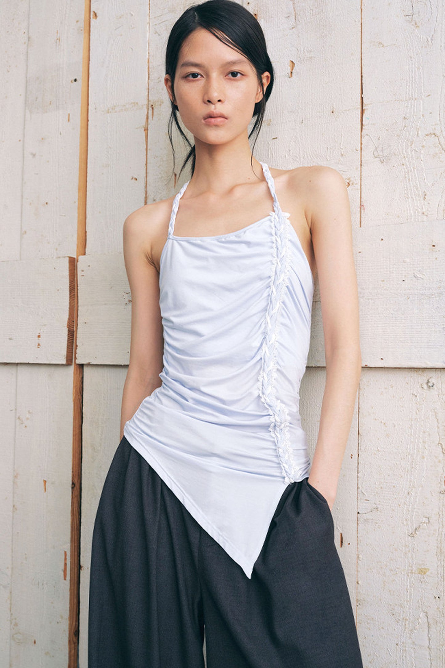 Side Ruched Braided Halter Top