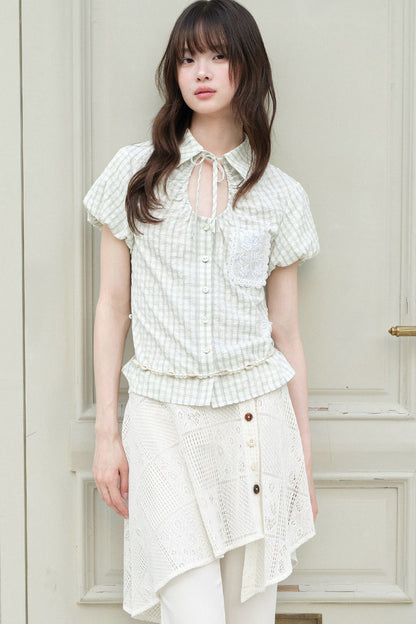 Light Green Plaid Hollow-Out Short-Sleeve Shirt