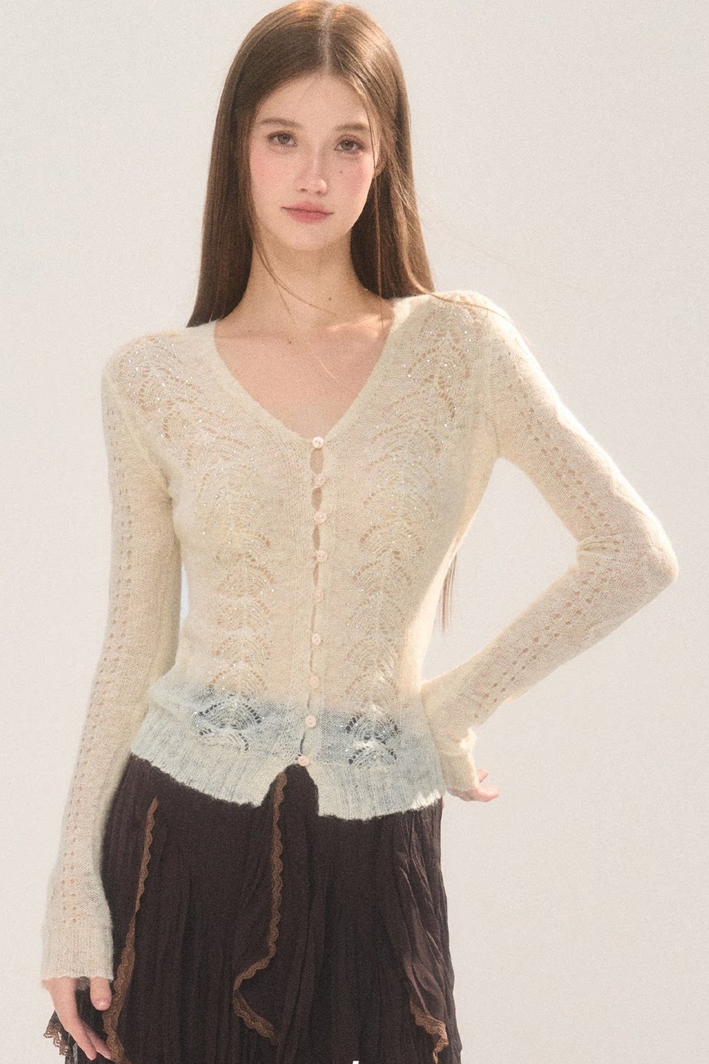 Rhinestone Hollow-Out Knit Cardigan Top