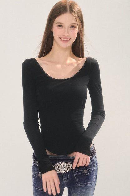 Lace Trim Backless Long Sleeve T-Shirt