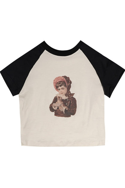 Bear Doll Print Patchwork T-shirt