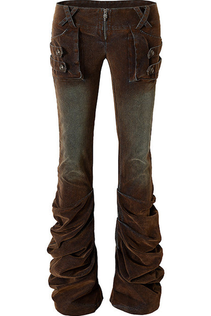 Punk Flocked Ruched Low-Waist Curved Leg Jeans