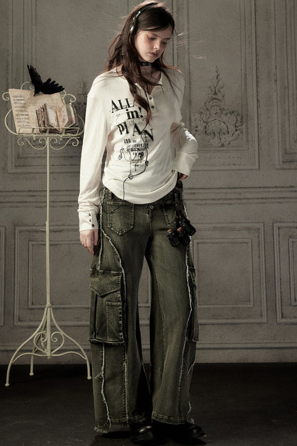 Beige Printed Long-Sleeved T-Shirt