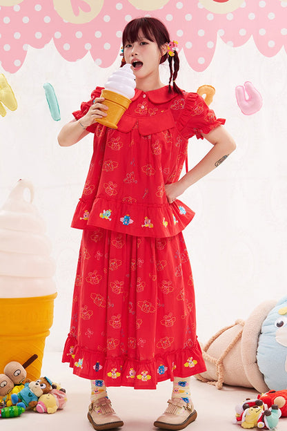 Red Animal Angel Embroidery Skirt