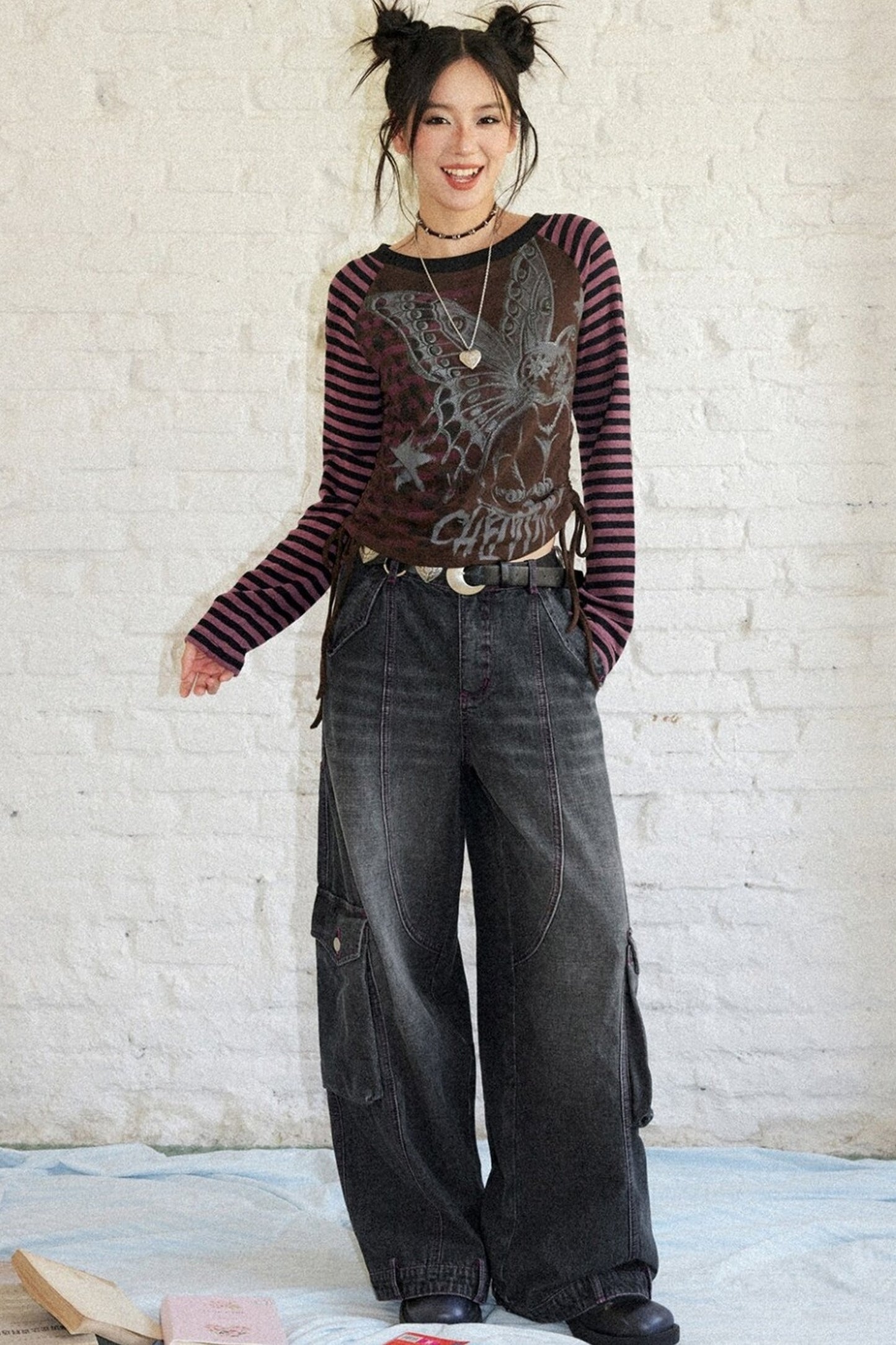 Striped Spliced Raglan Cat Print Top