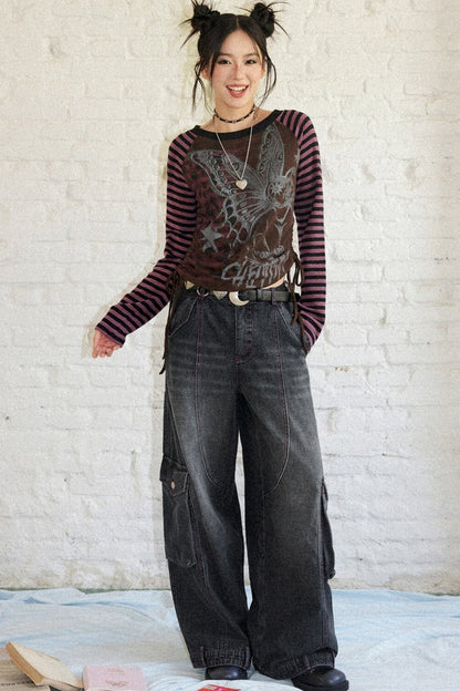 Striped Spliced Raglan Cat Print Top