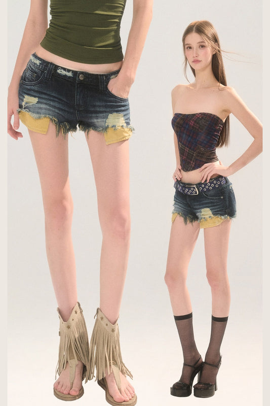 Frayed Ripped Lace Denim Shorts
