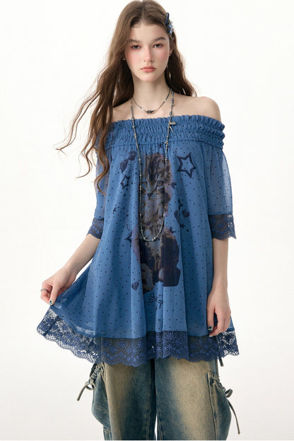 Cat Print Lace Trim Off-Shoulder Top