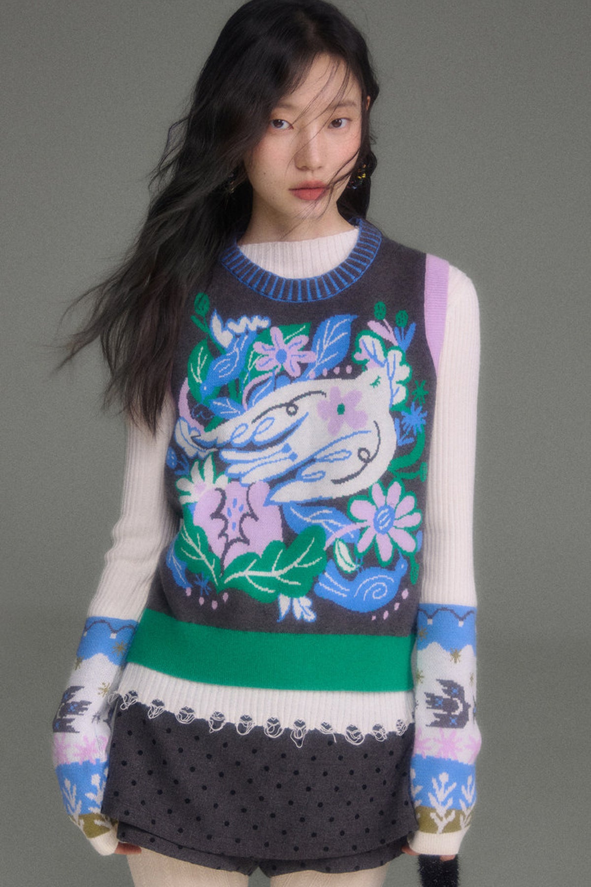 Nightingale Rose Bird Jacquard Knit Cardigan Vest and Skirt Set-Up