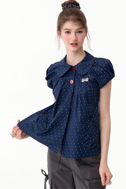 Camicia blu scuro a pois con colletto Peter Pan