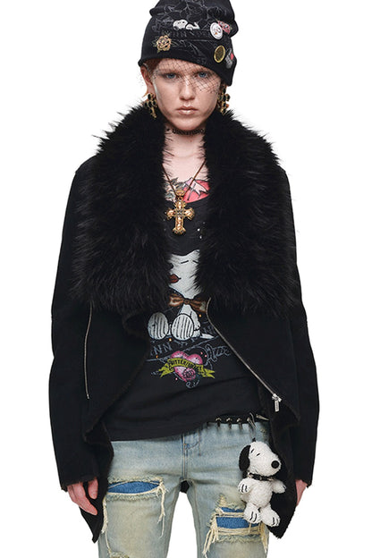 Suede Detachable Fur Collar Coat