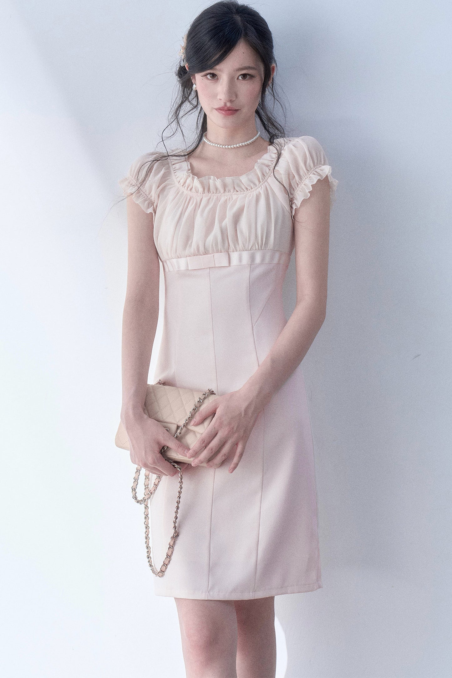 Square Neck High-Waisted Bodycon Chiffon Dress