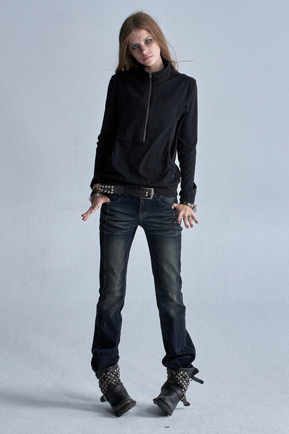 Black Long-Sleeve Zipper Print T-Shirt