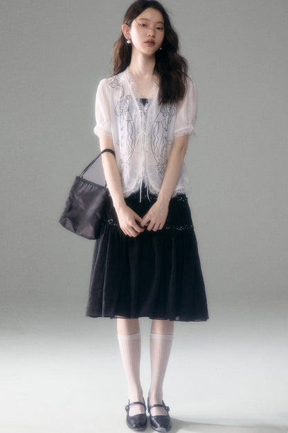 Mermaid Print Tencel Linen Short-Sleeve Shirt