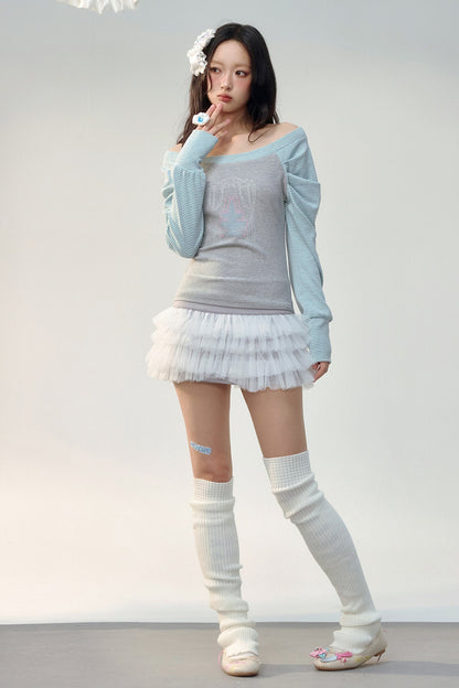 컬러 블록 라인스톤 긴소매 티셔츠