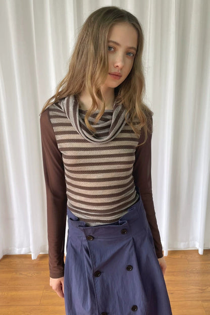 Spliced Striped Cowl Neck Long-Sleeve Blouse