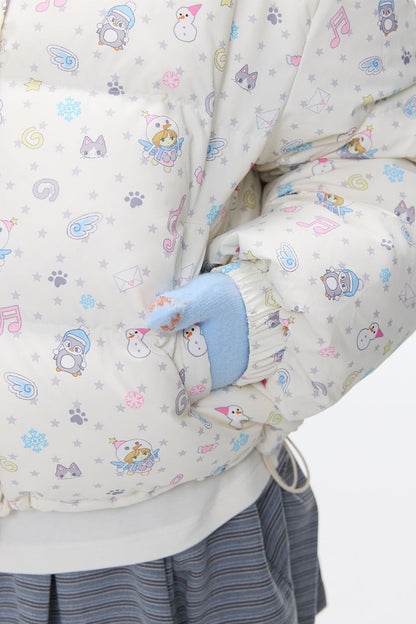Beige Full Print Hooded Down Jacket