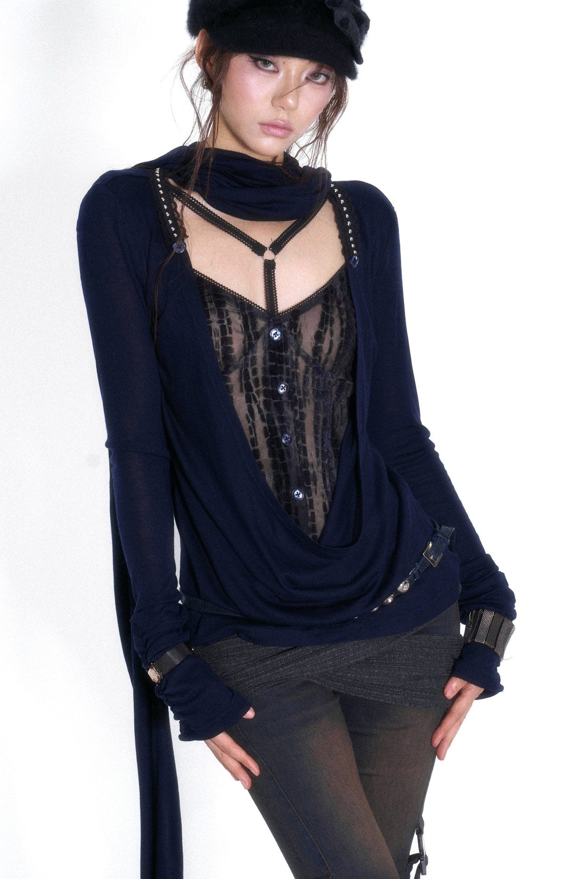 Cross-Neck Tencel Knit Mesh Spliced Long-Sleeved Top
